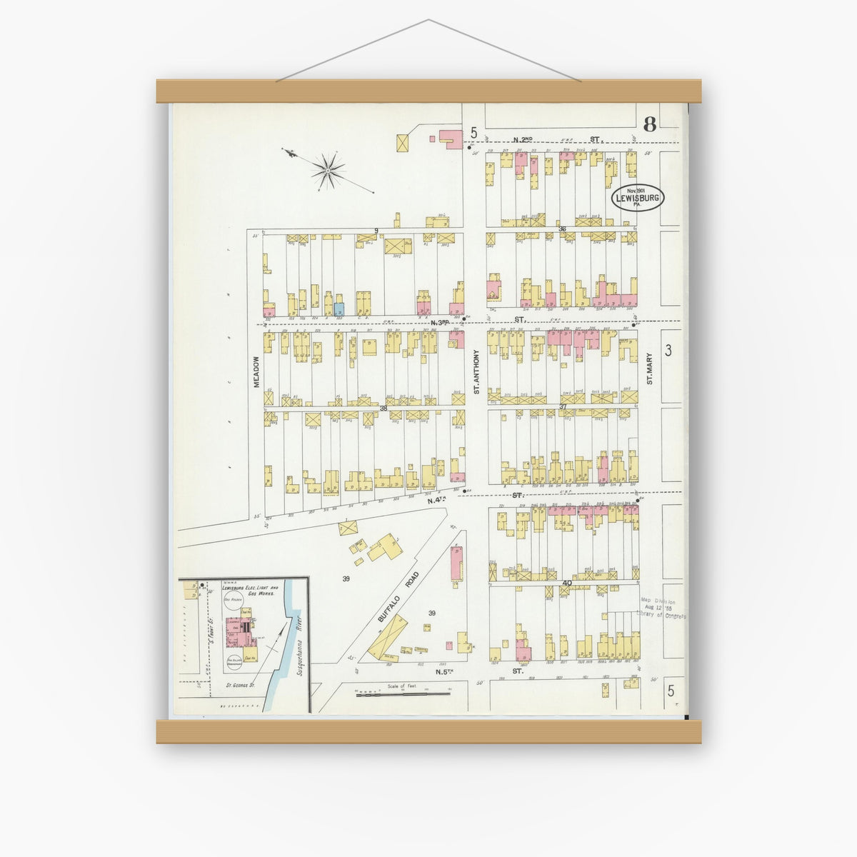 Old map wall art mockup — magnetic wood frame on white wall — Sanborn Fire Insurance Map from Lewisburg, Union County, Pennsylvania (1901), Sheet #0008