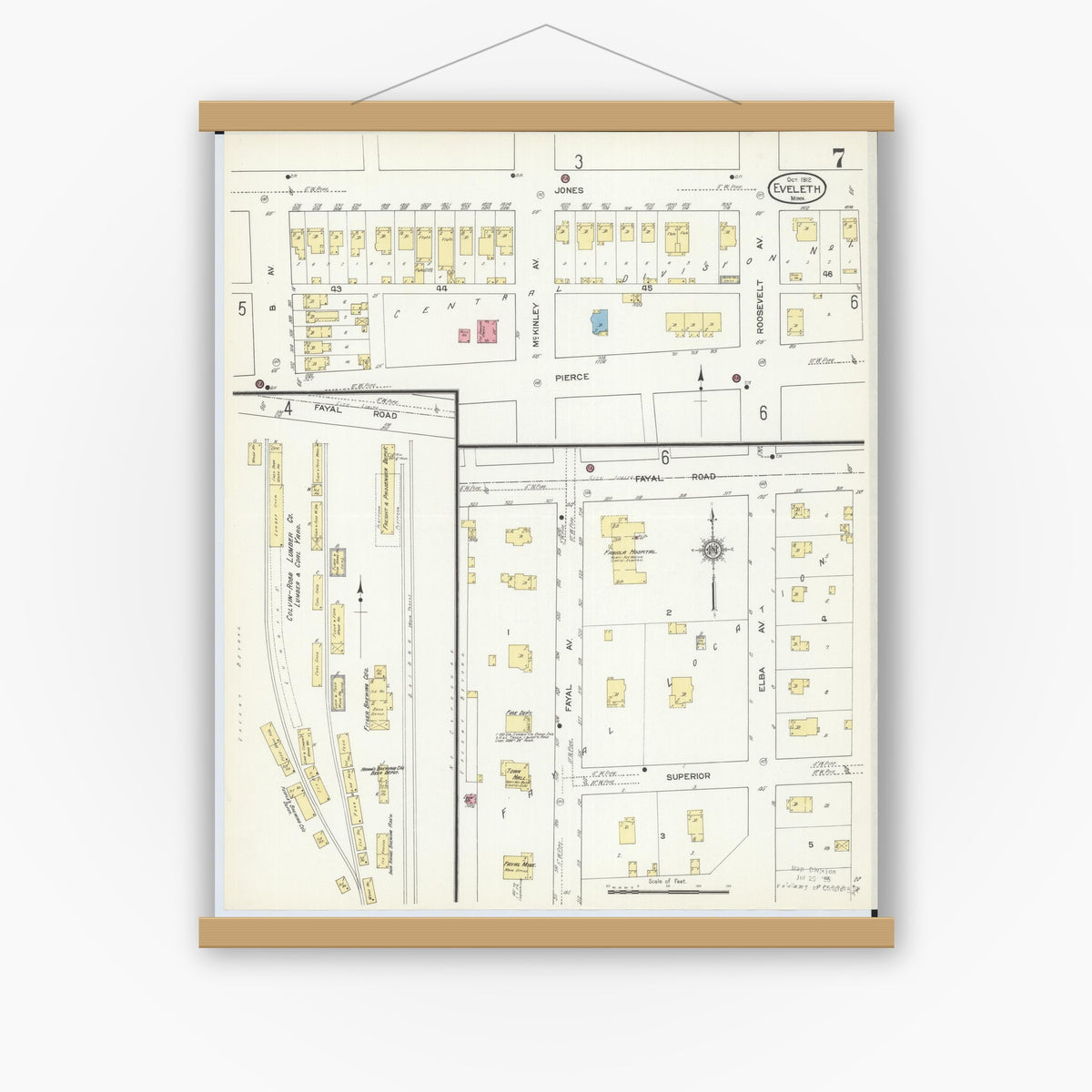 Old map wall art mockup — magnetic wood frame on white wall — Sanborn Fire Insurance Map from Eveleth, Saint Louis County, Minnesota (1912), Sheet #0007