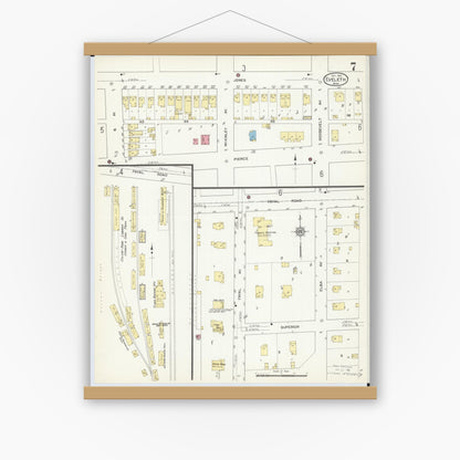 Old map wall art mockup — magnetic wood frame on white wall — Sanborn Fire Insurance Map from Eveleth, Saint Louis County, Minnesota (1912), Sheet #0007