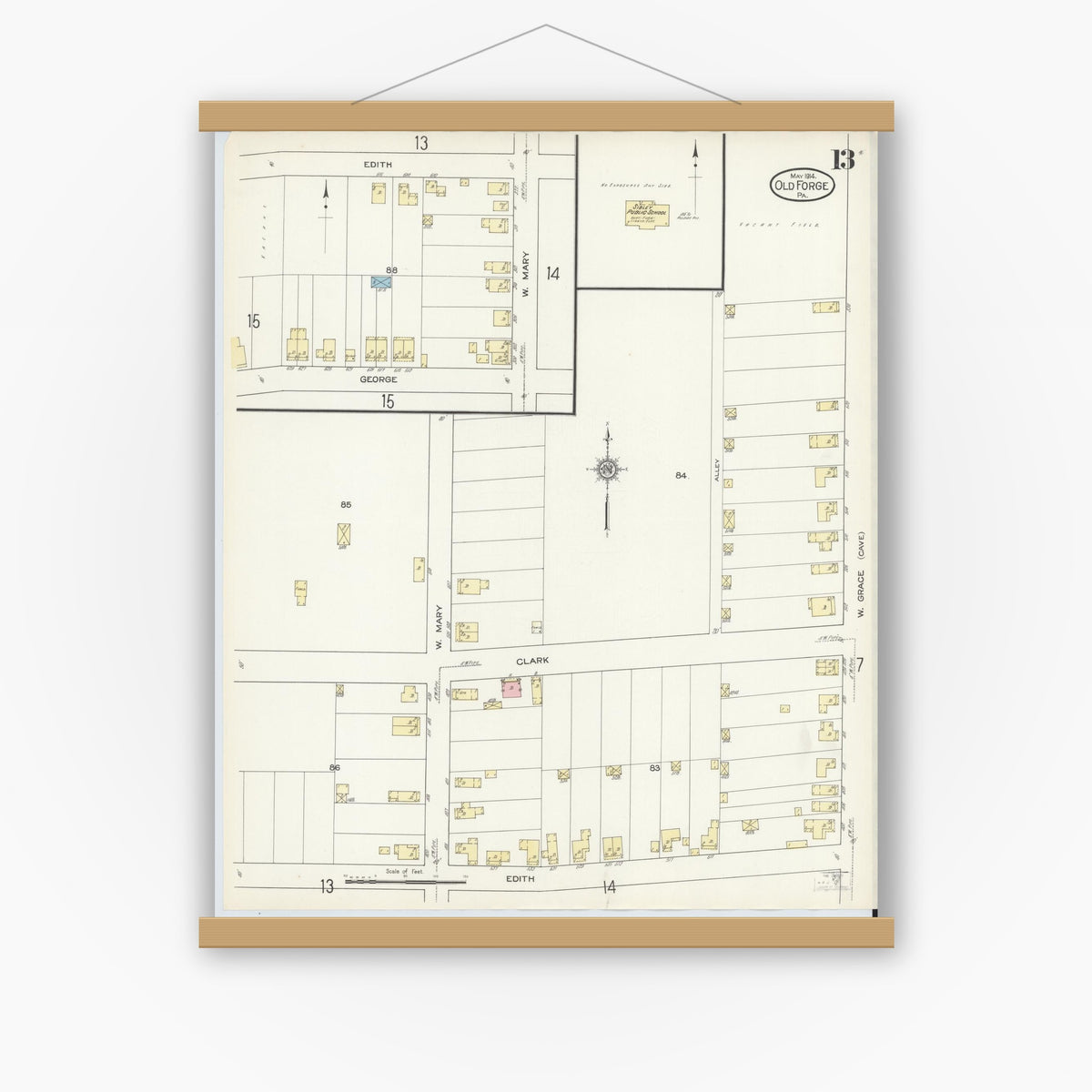 Old map wall art mockup — magnetic wood frame on white wall — Sanborn Fire Insurance Map from Old Forge, Lackawanna County, Pennsylvania (1914), Sheet #0013