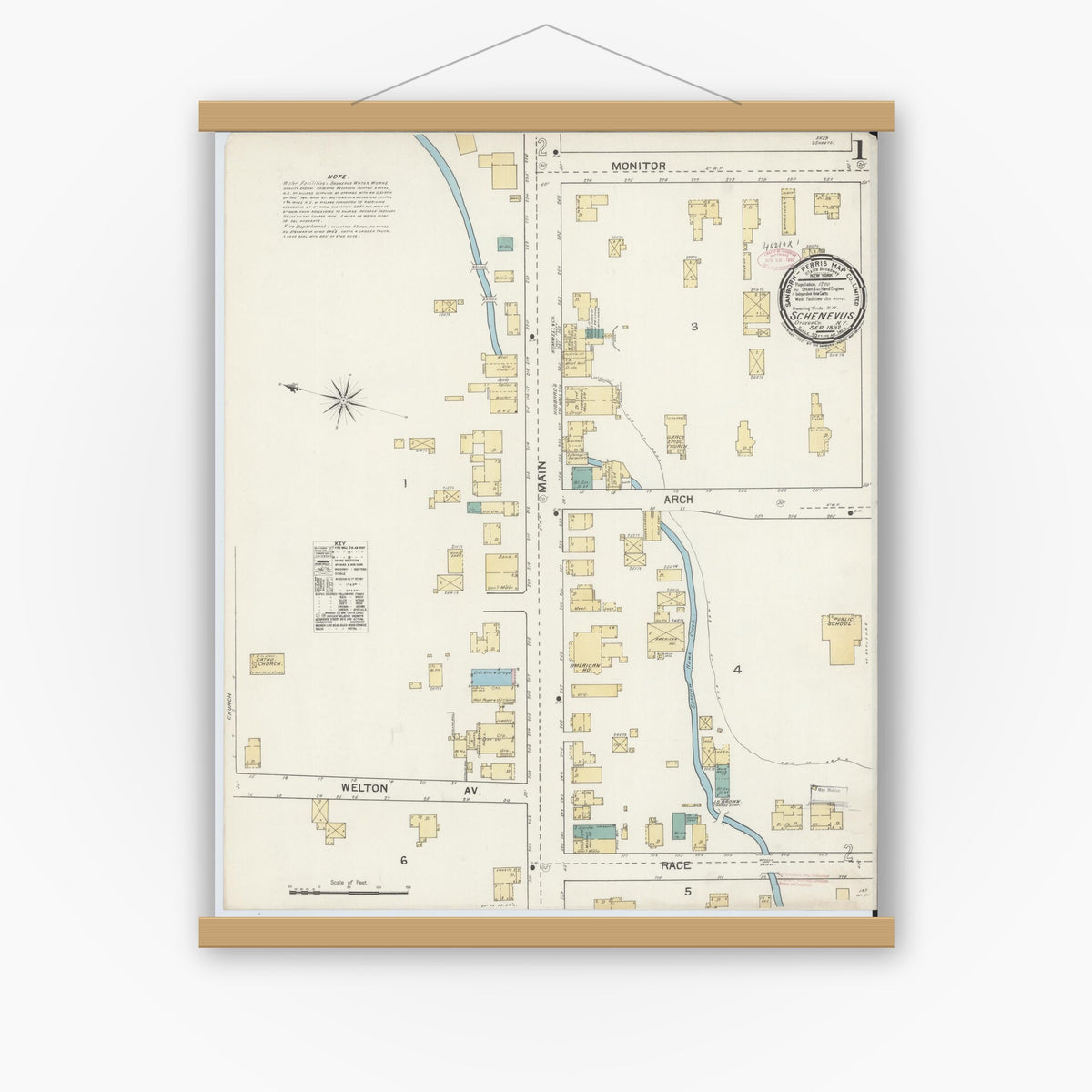 Old map wall art mockup — magnetic wood frame on white wall — Sanborn Fire Insurance Map from Schenevus, Otsego County, New York (1892) - Complete Map Set