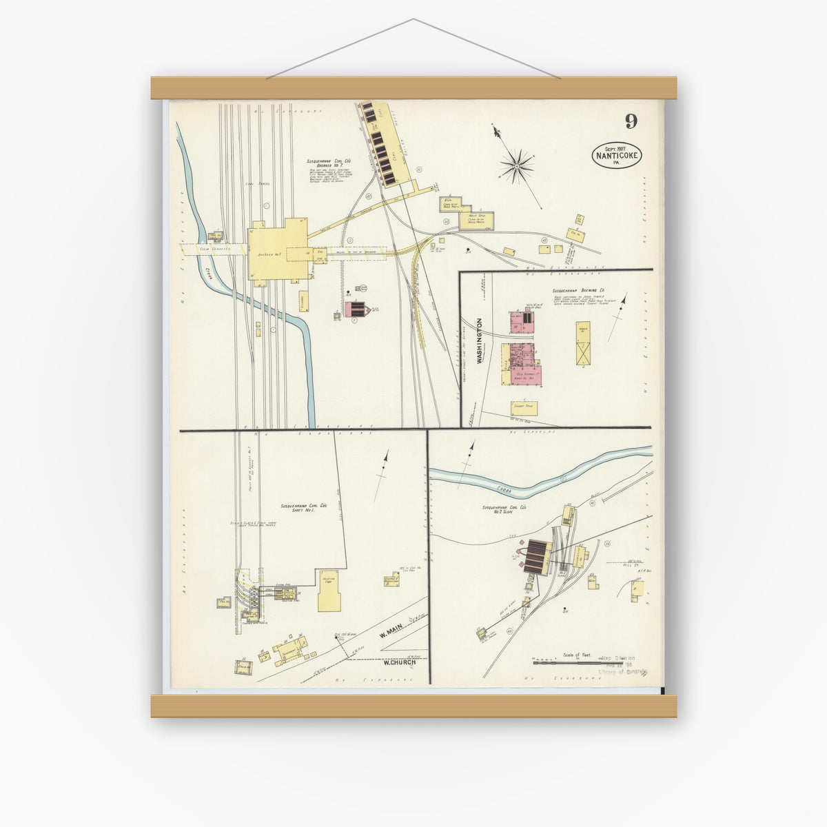 Old map wall art mockup — magnetic wood frame on white wall — Sanborn Fire Insurance Map from Nanticoke, Luzerne County, Pennsylvania (1907), Sheet #0009