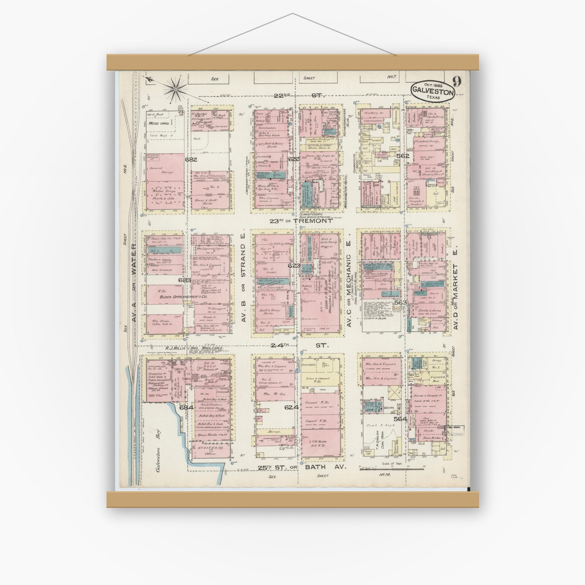 Old map wall art mockup — magnetic wood frame on white wall — Sanborn Fire Insurance Map from Galveston, Galveston County, Texas (1885), Sheet #0009