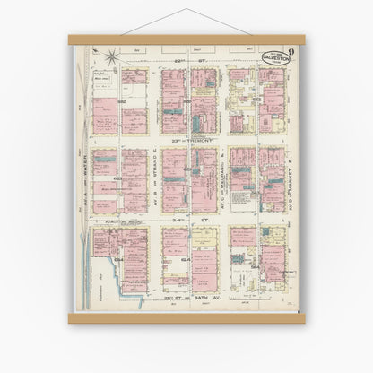Old map wall art mockup — magnetic wood frame on white wall — Sanborn Fire Insurance Map from Galveston, Galveston County, Texas (1885), Sheet #0009