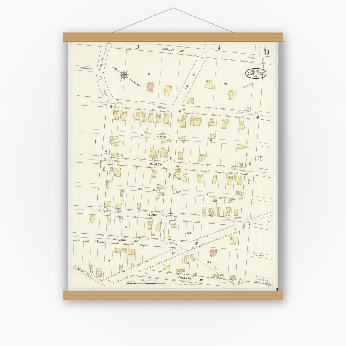 Old map wall art mockup — magnetic wood frame on white wall — Sanborn Fire Insurance Map from Charleroi, Washington County, Pennsylvania (1913), Sheet #0009