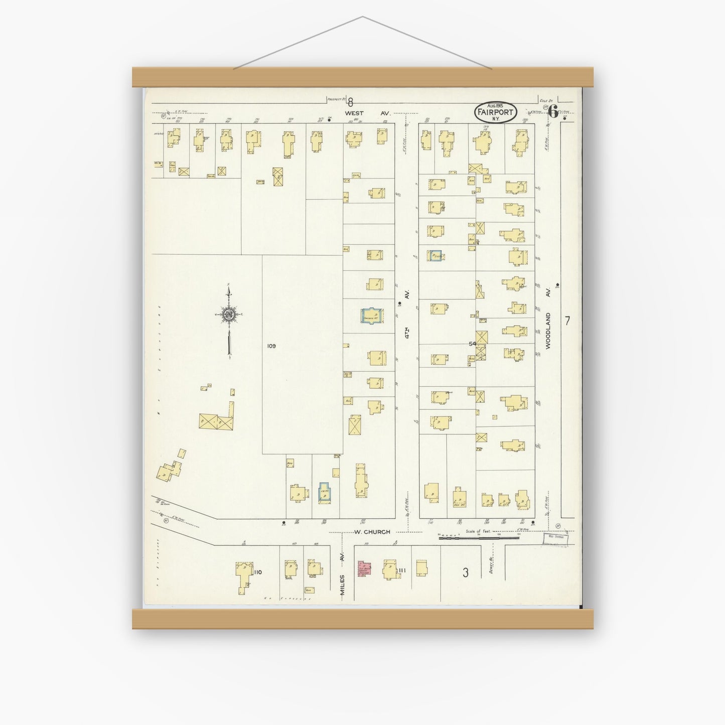Old map wall art mockup — magnetic wood frame on white wall — Sanborn Fire Insurance Map from Fairport, Monroe County, New York (1915), Sheet #0006