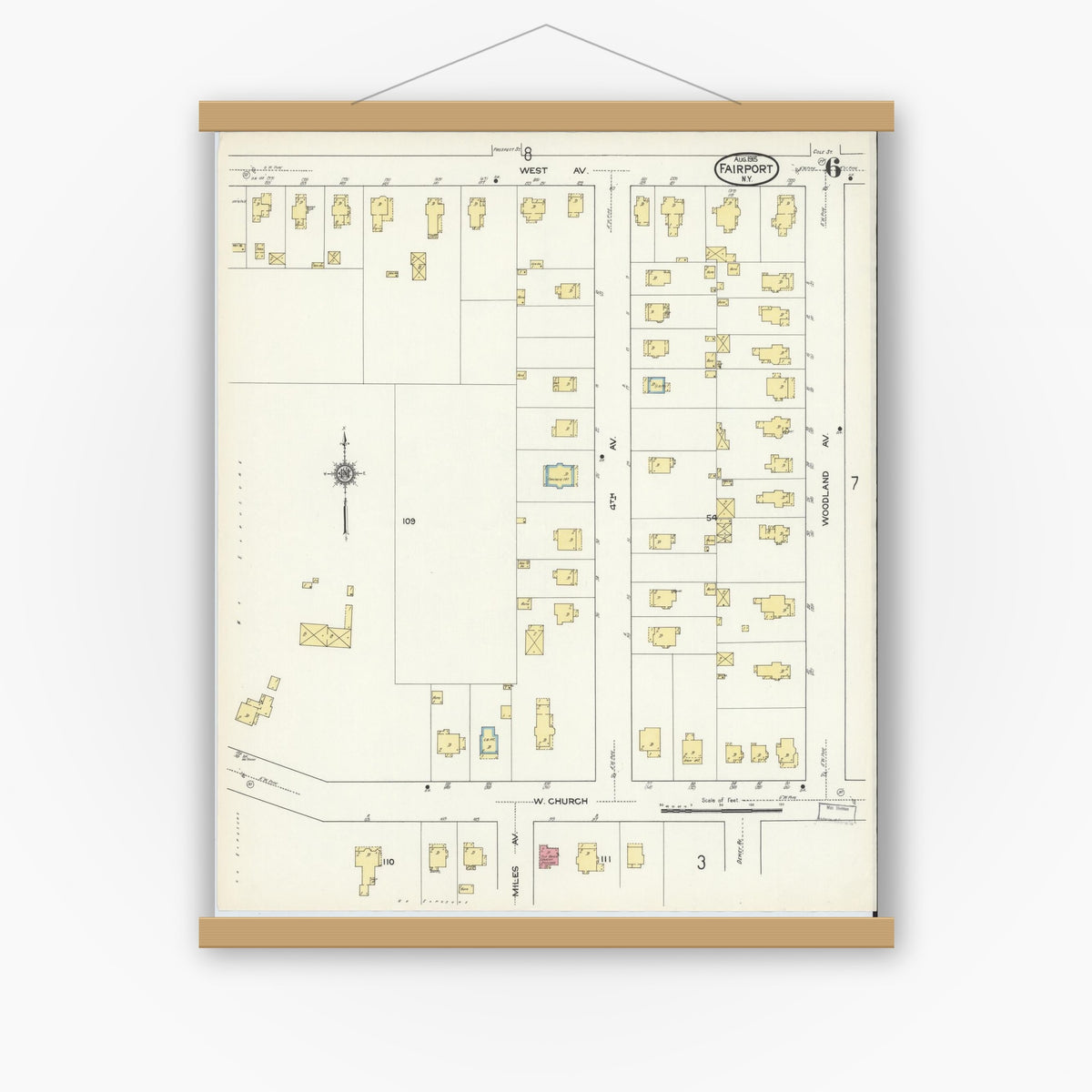 Old map wall art mockup — magnetic wood frame on white wall — Sanborn Fire Insurance Map from Fairport, Monroe County, New York (1915), Sheet #0006