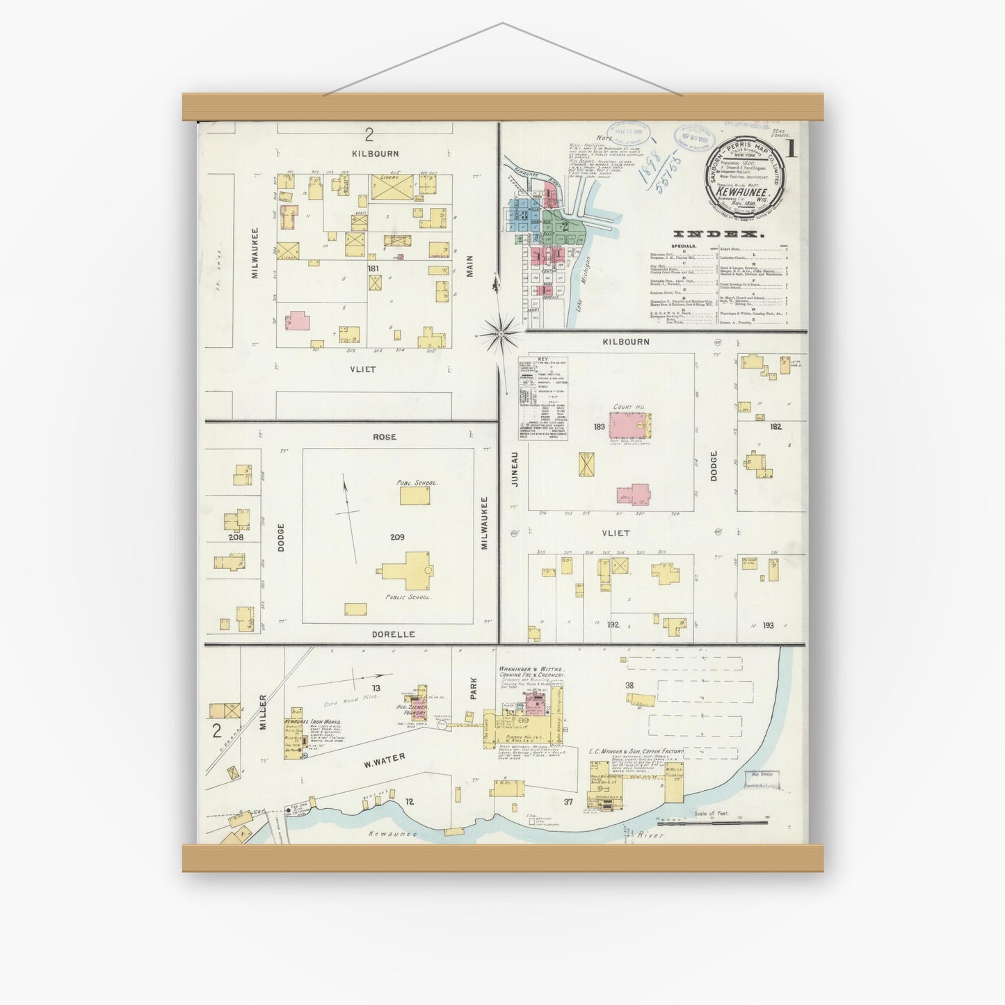 Old map wall art mockup — magnetic wood frame on white wall — Sanborn Fire Insurance Map from Kewaunee, Kewaunee County, Wisconsin (1898), Sheet #0001