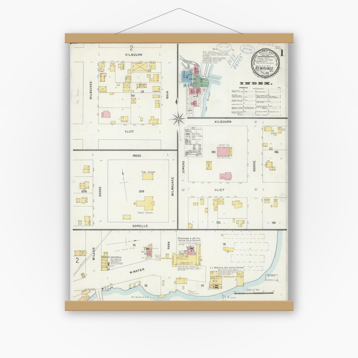 Old map wall art mockup — magnetic wood frame on white wall — Sanborn Fire Insurance Map from Kewaunee, Kewaunee County, Wisconsin (1898), Sheet #0001