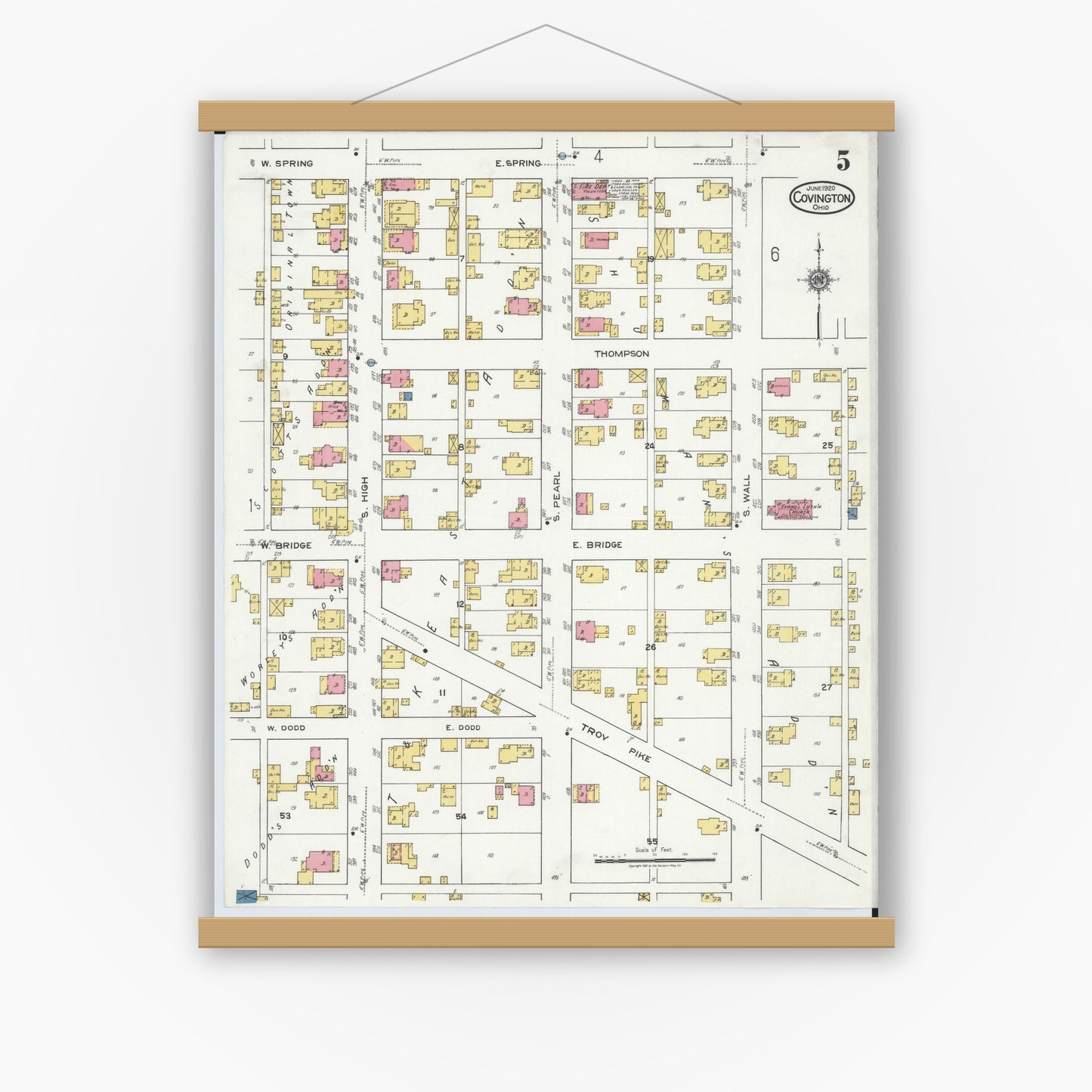 Old map wall art mockup — magnetic wood frame on white wall — Sanborn Fire Insurance Map from Covington, Miami County, Ohio (1920), Sheet #0005