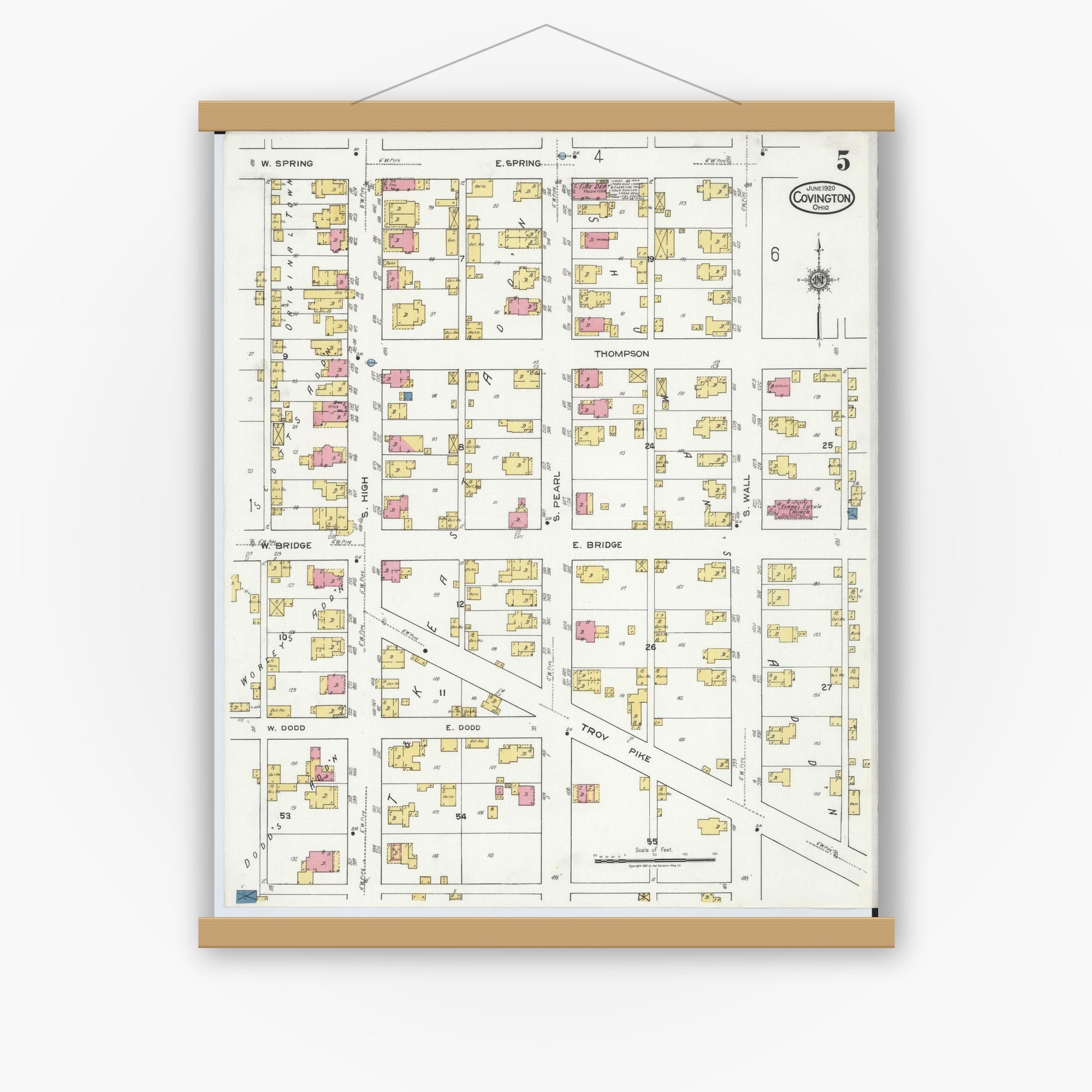 Old map wall art mockup — magnetic wood frame on white wall — Sanborn Fire Insurance Map from Covington, Miami County, Ohio (1920), Sheet #0005