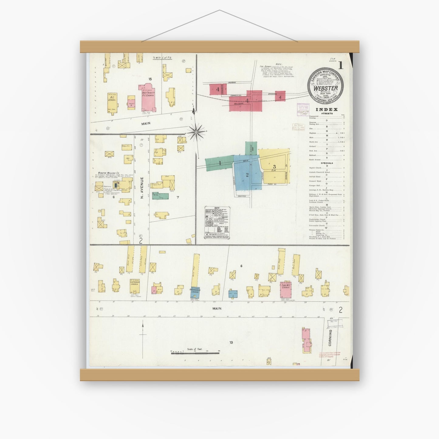 Old map wall art mockup — magnetic wood frame on white wall — Sanborn Fire Insurance Map from Webster, Monroe County, New York (1906) - Complete Map Set