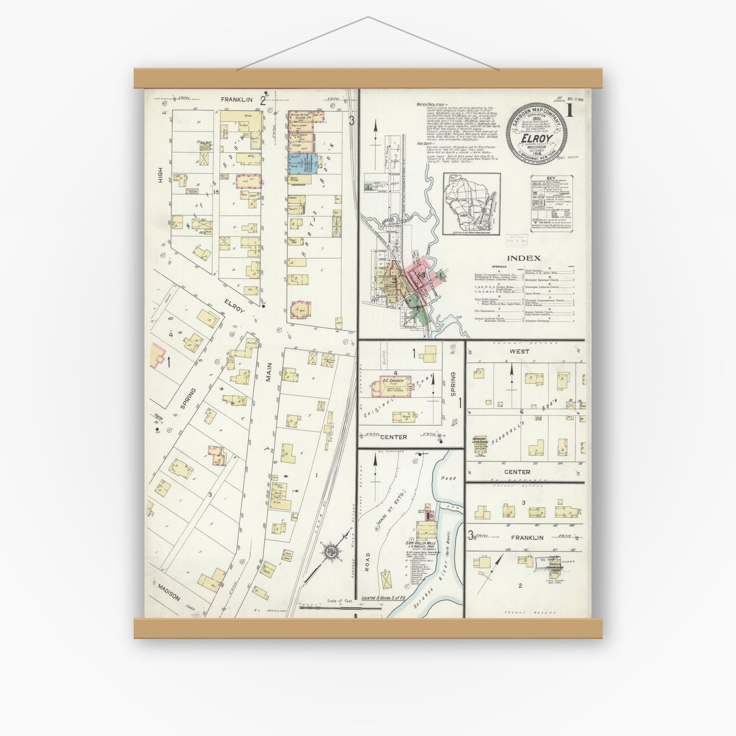 Old map wall art mockup — magnetic wood frame on white wall — Sanborn Fire Insurance Map from Elroy, Juneau County, Wisconsin (1914), Sheet #0001