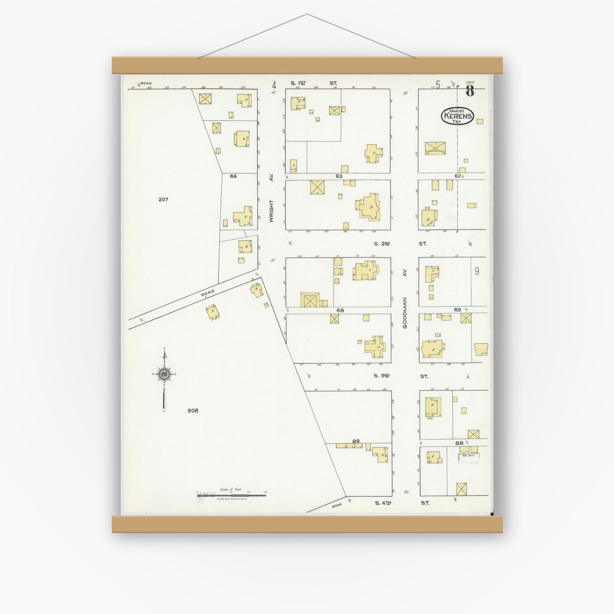 Old map wall art mockup — magnetic wood frame on white wall — Sanborn Fire Insurance Map from Kerens, Navarro County, Texas (1921), Sheet #0008