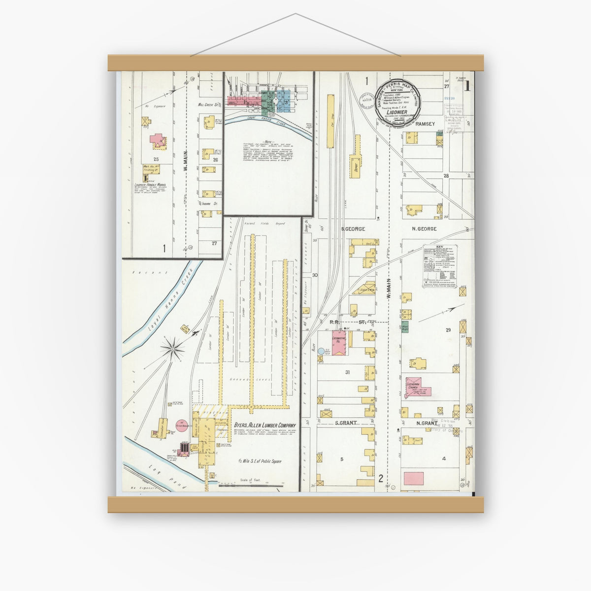 Old map wall art mockup — magnetic wood frame on white wall — Sanborn Fire Insurance Map from Ligonier, Westmoreland County, Pennsylvania (1900), Sheet #0001