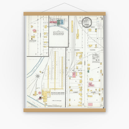 Old map wall art mockup — magnetic wood frame on white wall — Sanborn Fire Insurance Map from Ligonier, Westmoreland County, Pennsylvania (1900), Sheet #0001