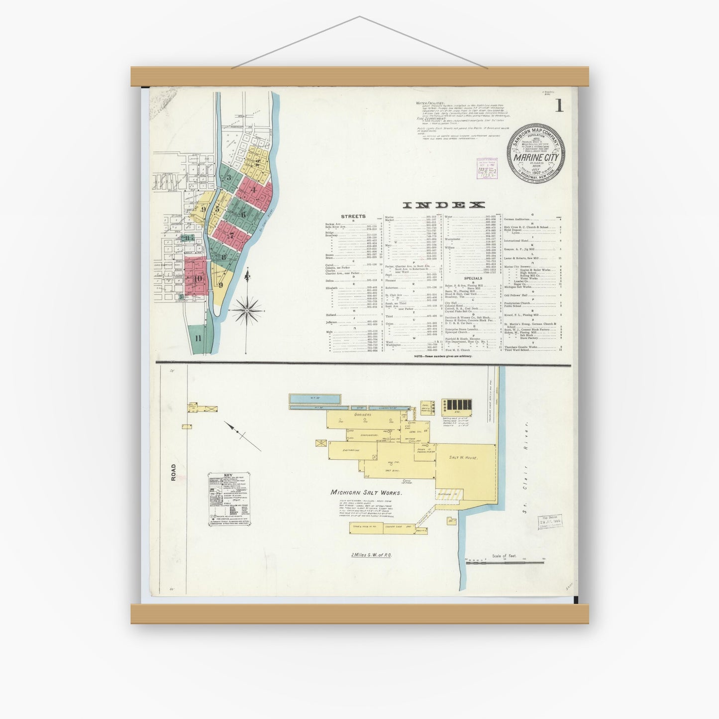 Old map wall art mockup — magnetic wood frame on white wall — Sanborn Fire Insurance Map from Marine City, Saint Clair County, Michigan (1907) - Complete Map Set