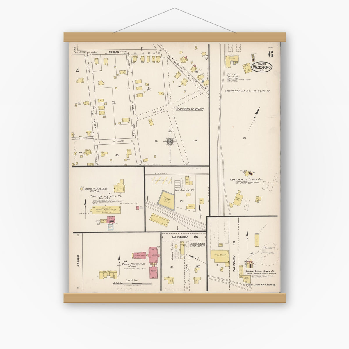 Old map wall art mockup — magnetic wood frame on white wall — Sanborn Fire Insurance Map from Wadesboro, Anson County, North Carolina (1922), Sheet #0006