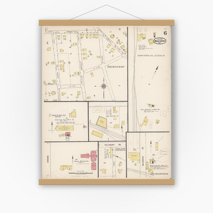 Old map wall art mockup — magnetic wood frame on white wall — Sanborn Fire Insurance Map from Wadesboro, Anson County, North Carolina (1922), Sheet #0006