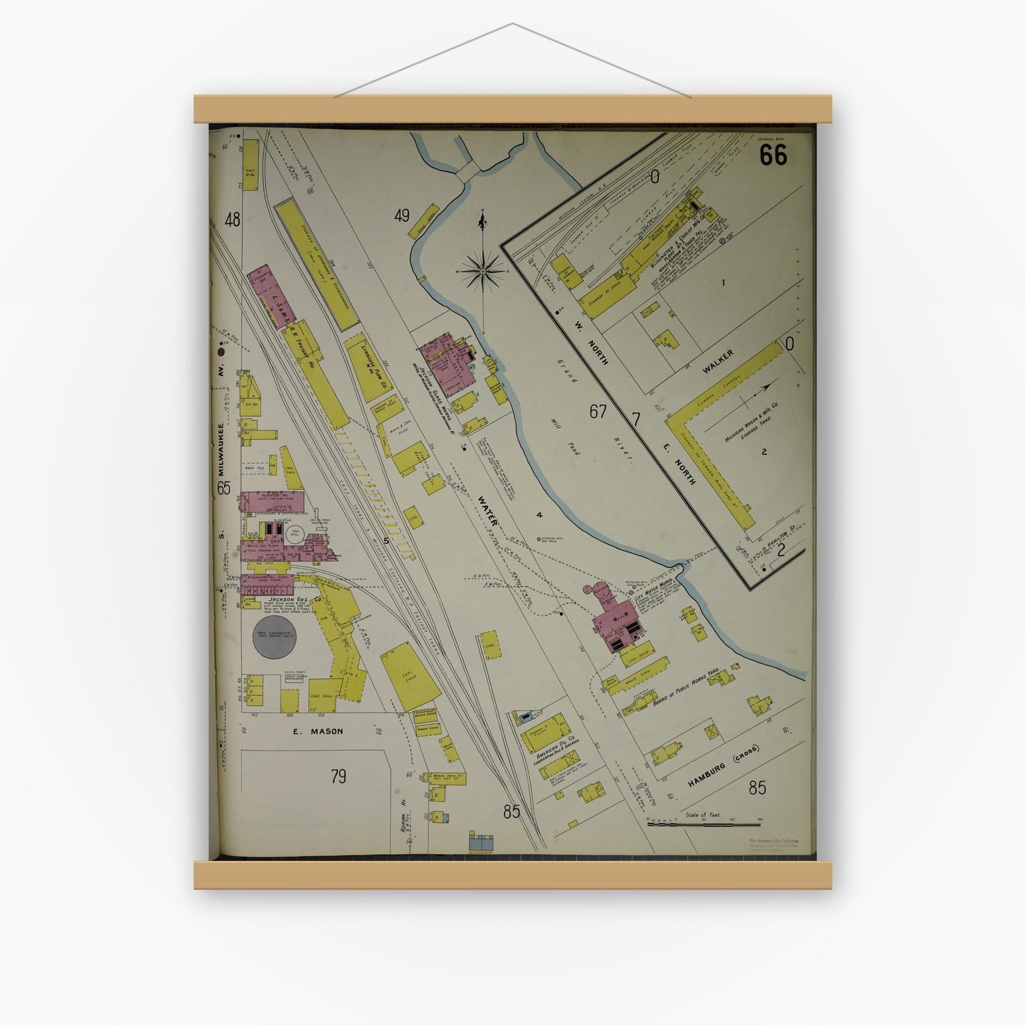 Old map wall art mockup — magnetic wood frame on white wall — Sanborn Fire Insurance Map from Jackson, Jackson County, Michigan (1907), Sheet #0066