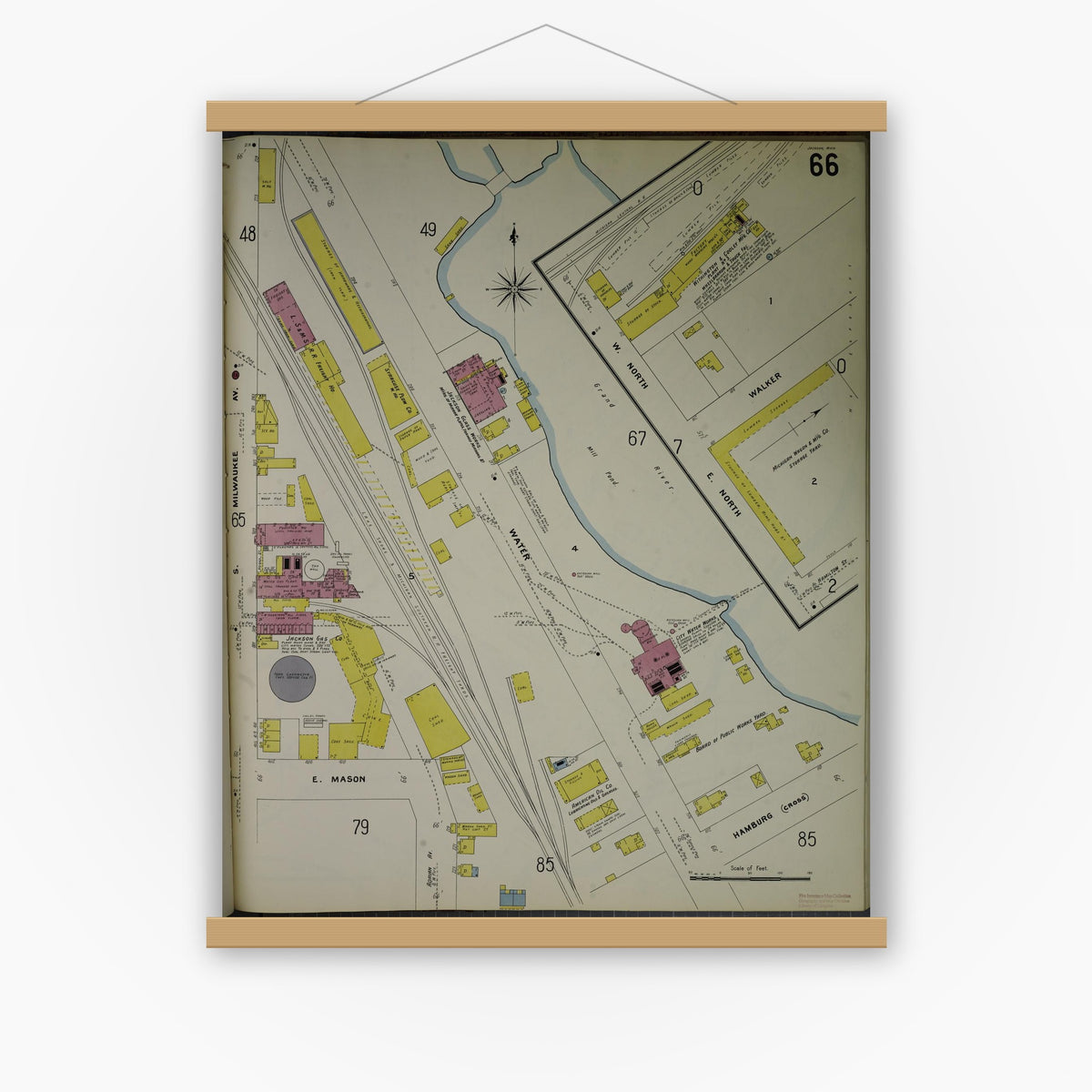 Old map wall art mockup — magnetic wood frame on white wall — Sanborn Fire Insurance Map from Jackson, Jackson County, Michigan (1907), Sheet #0066