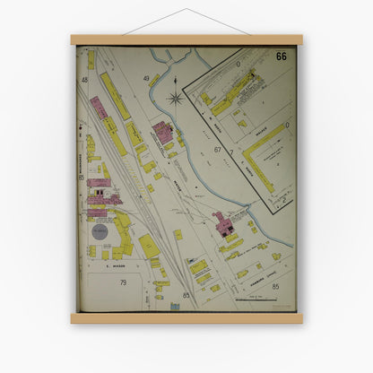 Old map wall art mockup — magnetic wood frame on white wall — Sanborn Fire Insurance Map from Jackson, Jackson County, Michigan (1907), Sheet #0066