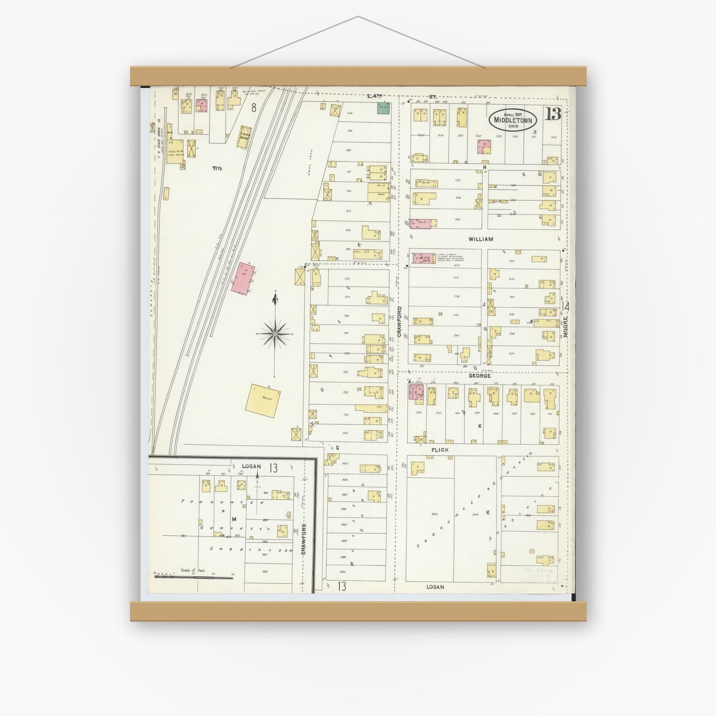 Old map wall art mockup — magnetic wood frame on white wall — Sanborn Fire Insurance Map from Middletown, Butler County, Ohio (1907), Sheet #0013