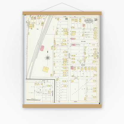 Old map wall art mockup — magnetic wood frame on white wall — Sanborn Fire Insurance Map from Middletown, Butler County, Ohio (1907), Sheet #0013