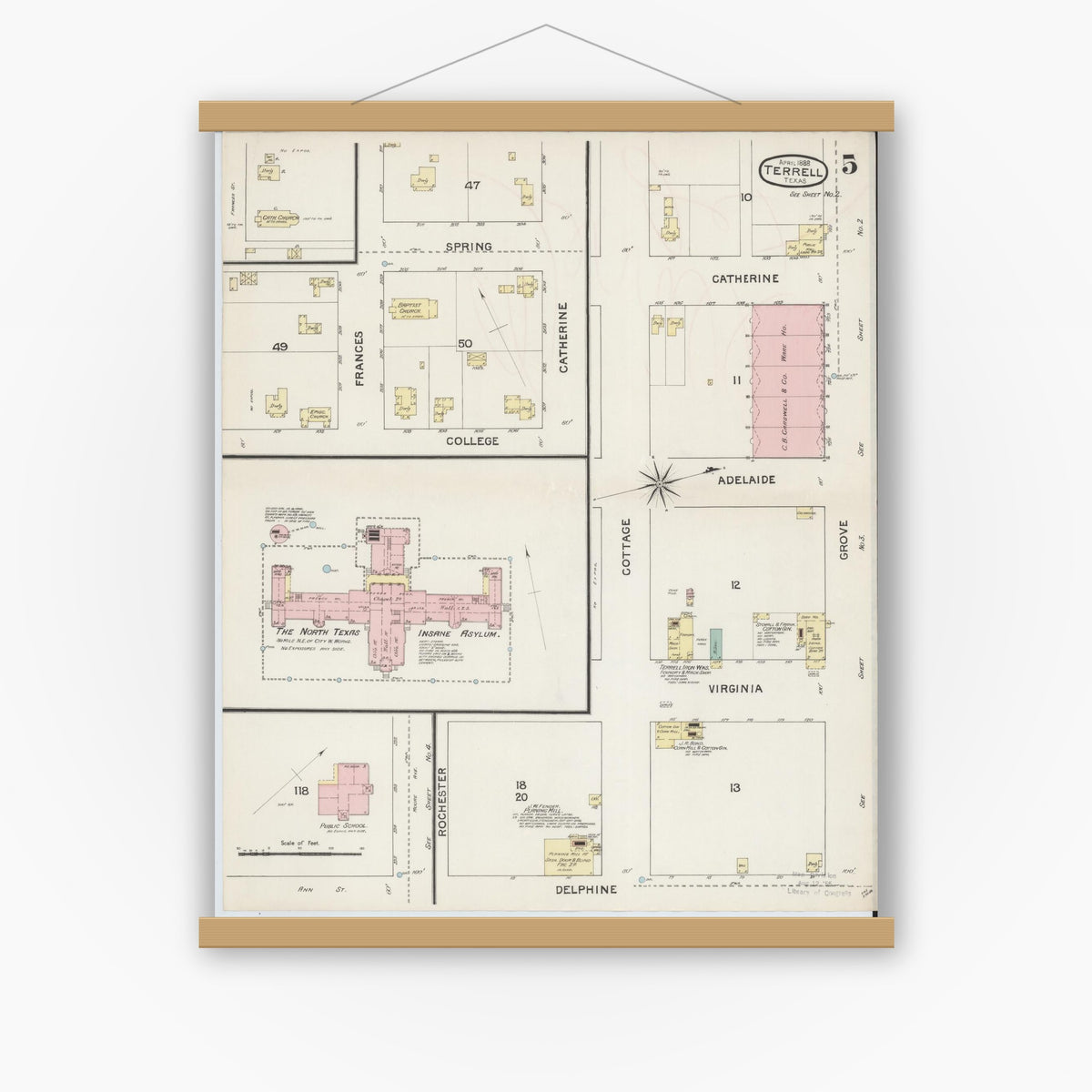 Old map wall art mockup — magnetic wood frame on white wall — Sanborn Fire Insurance Map from Terrell, Kaufman County, Texas (1888), Sheet #0005