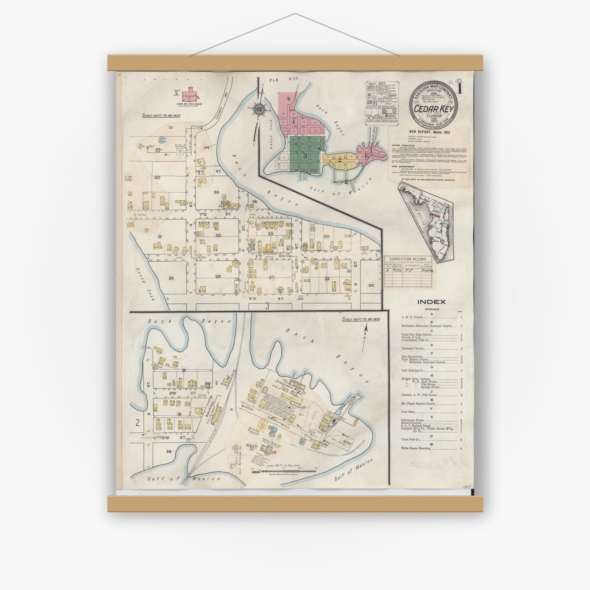 Old map wall art mockup — magnetic wood frame on white wall — Sanborn Fire Insurance Map from Cedar Key, Levy County, Florida (1933) - Complete Map Set