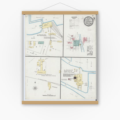 Old map wall art mockup — magnetic wood frame on white wall — Sanborn Fire Insurance Map from Peshtigo, Marinette County, Wisconsin (1893), Sheet #0001