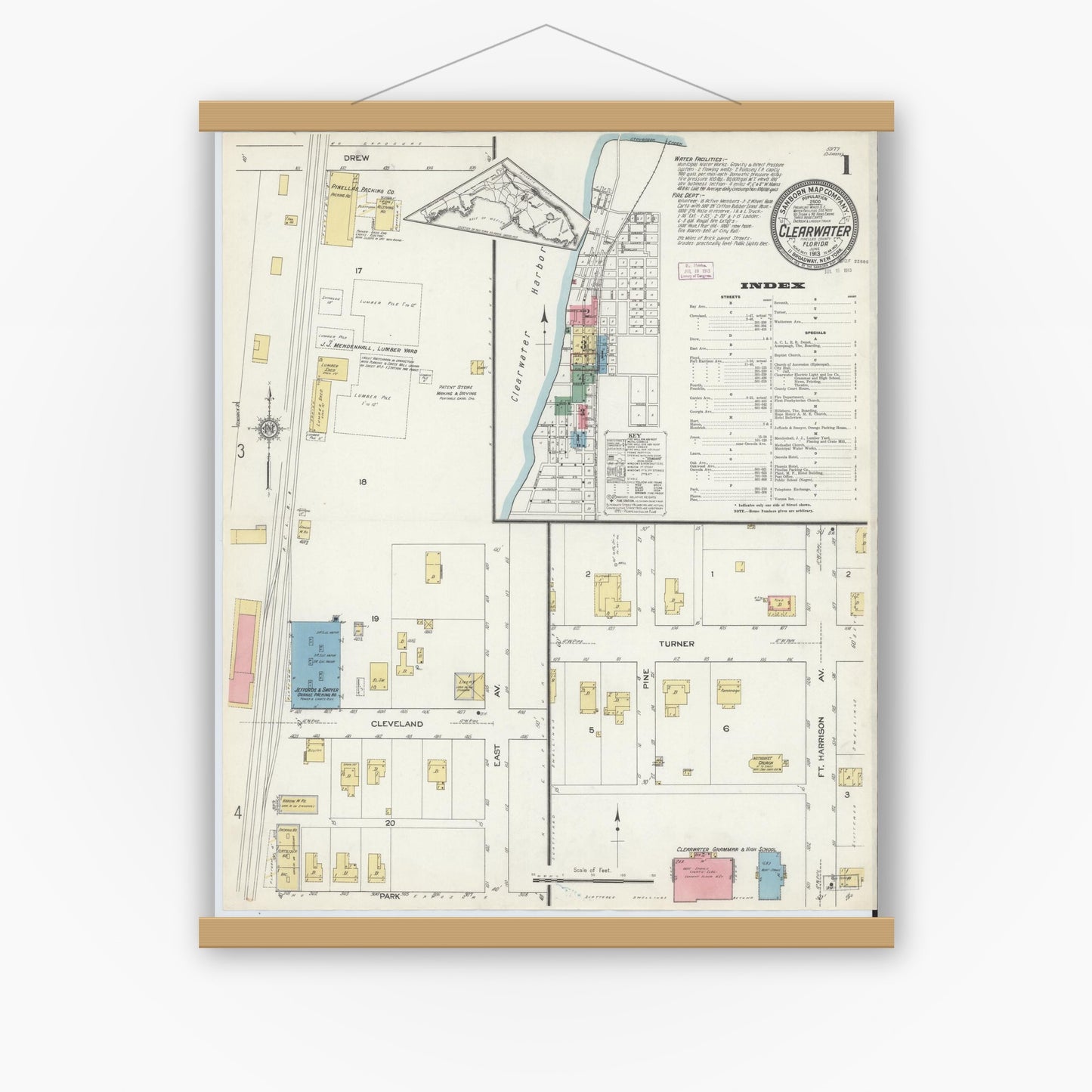 Old map wall art mockup — magnetic wood frame on white wall — Sanborn Fire Insurance Map from Clearwater, Pinellas County, Florida (1913) - Complete Map Set