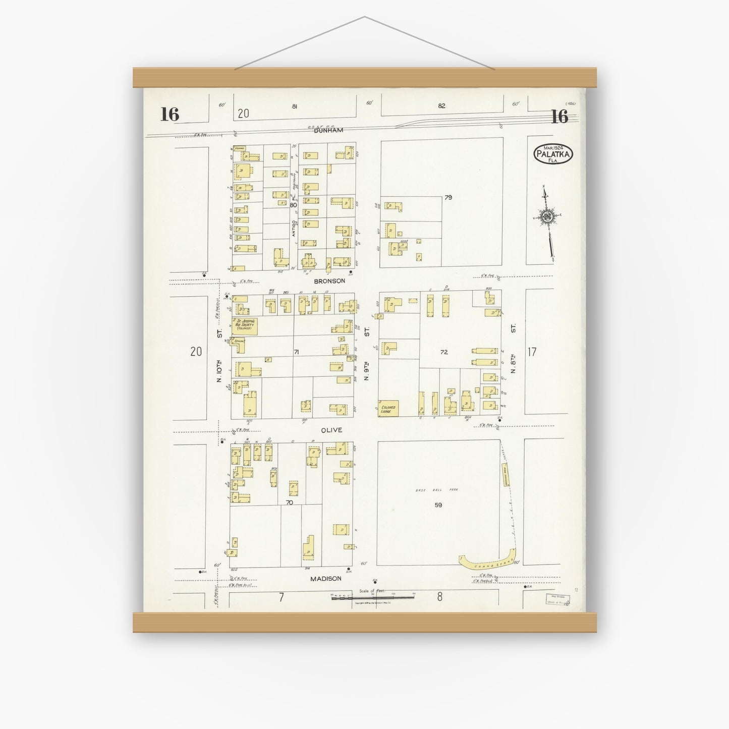 Old map wall art mockup — magnetic wood frame on white wall — Sanborn Fire Insurance Map from Palatka, Putnam County, Florida (1924), Sheet #0016