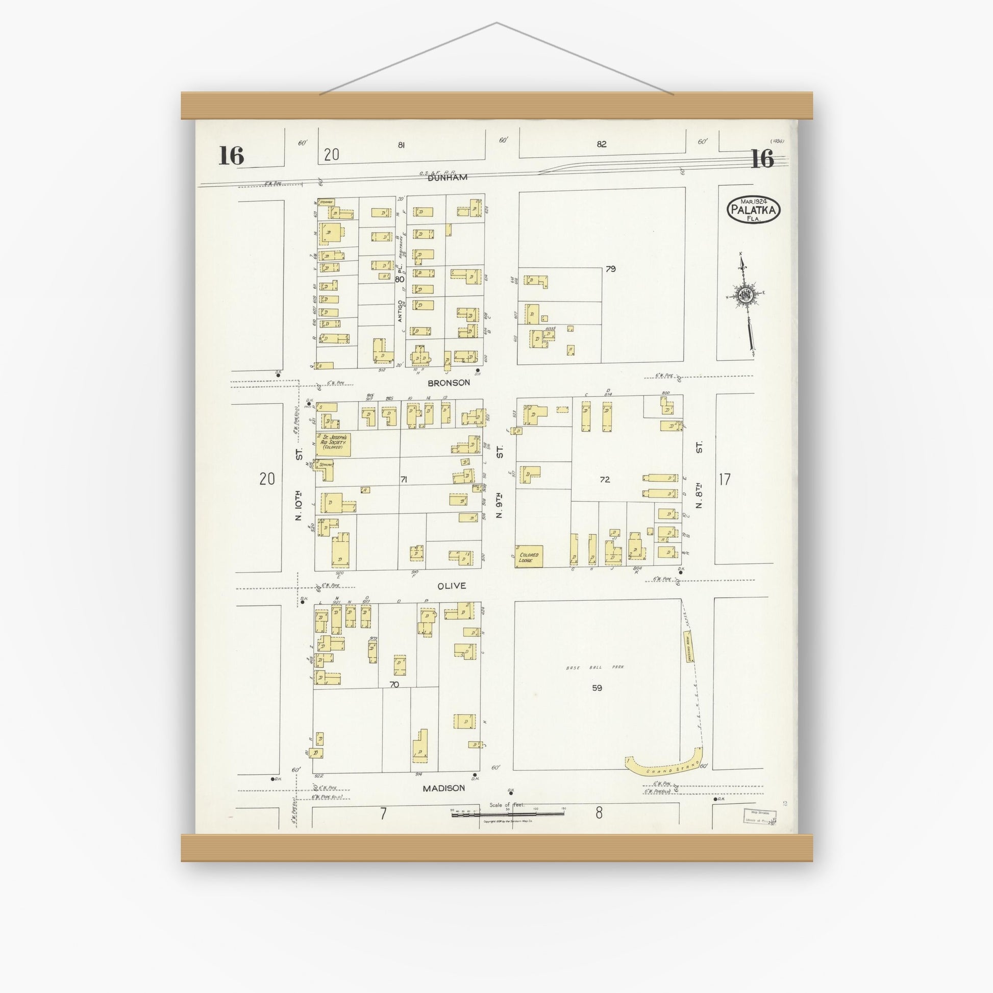 Old map wall art mockup — magnetic wood frame on white wall — Sanborn Fire Insurance Map from Palatka, Putnam County, Florida (1924), Sheet #0016