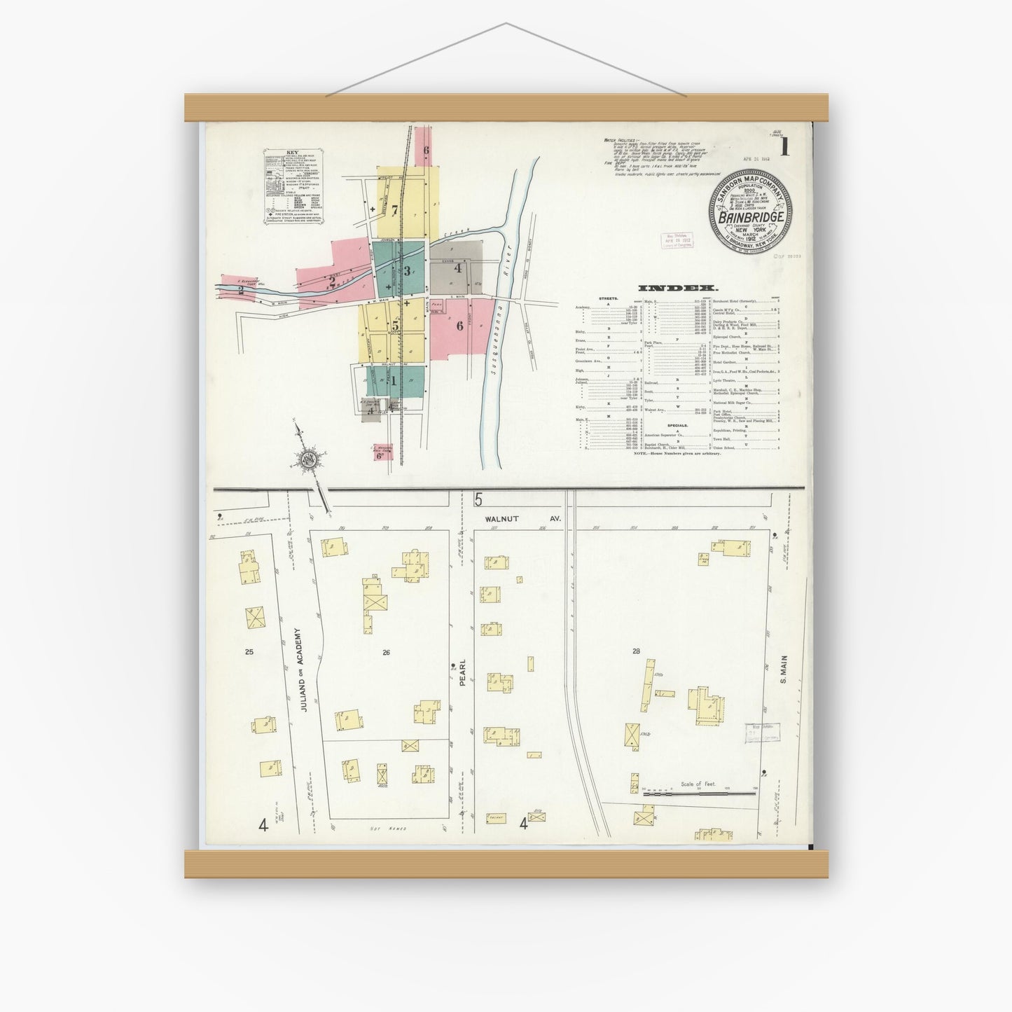 Old map wall art mockup — magnetic wood frame on white wall — Sanborn Fire Insurance Map from Bainbridge, Chenango County, New York (1912), Sheet #0001