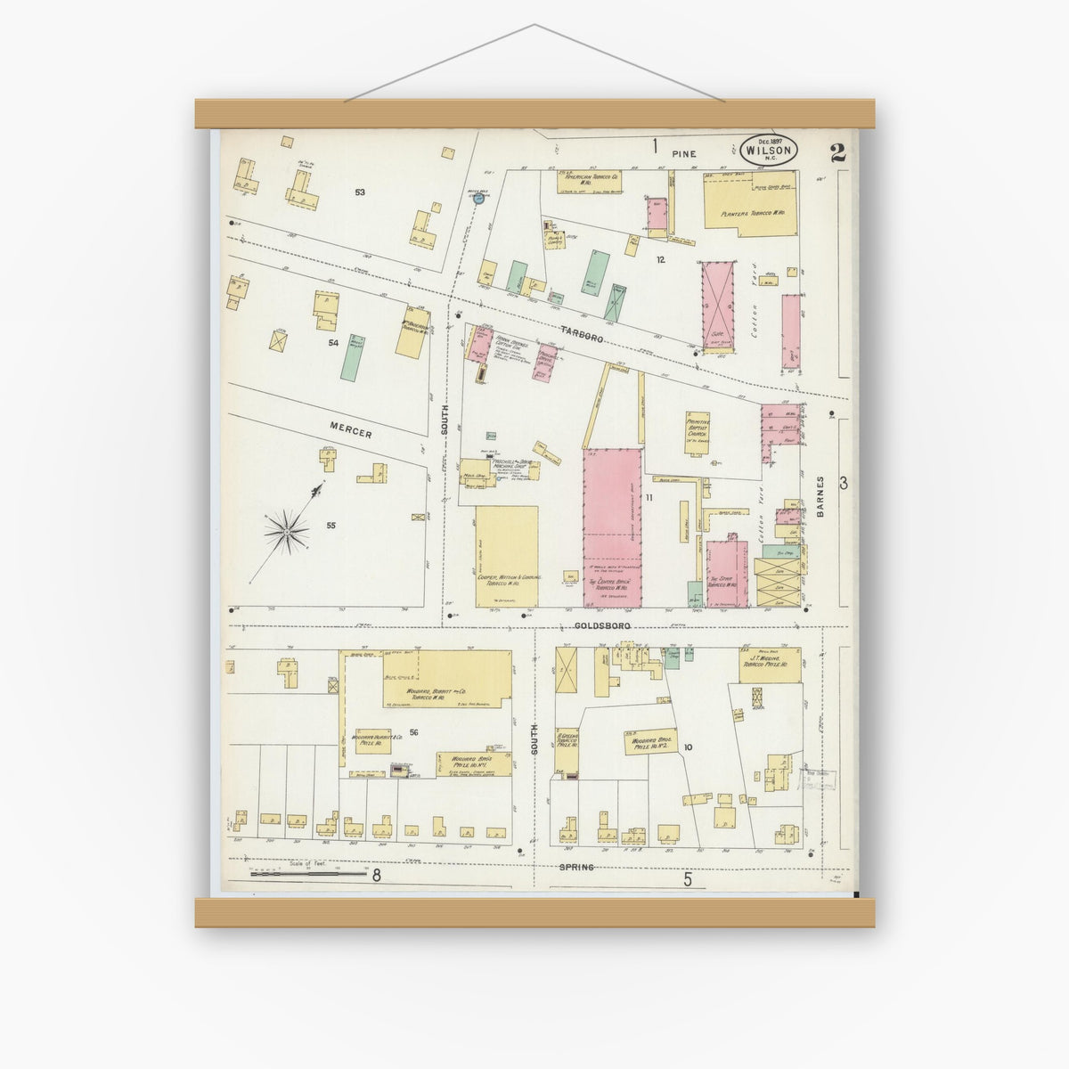 Old map wall art mockup — magnetic wood frame on white wall — Sanborn Fire Insurance Map from Wilson, Wilson County, North Carolina (1897), Sheet #0002