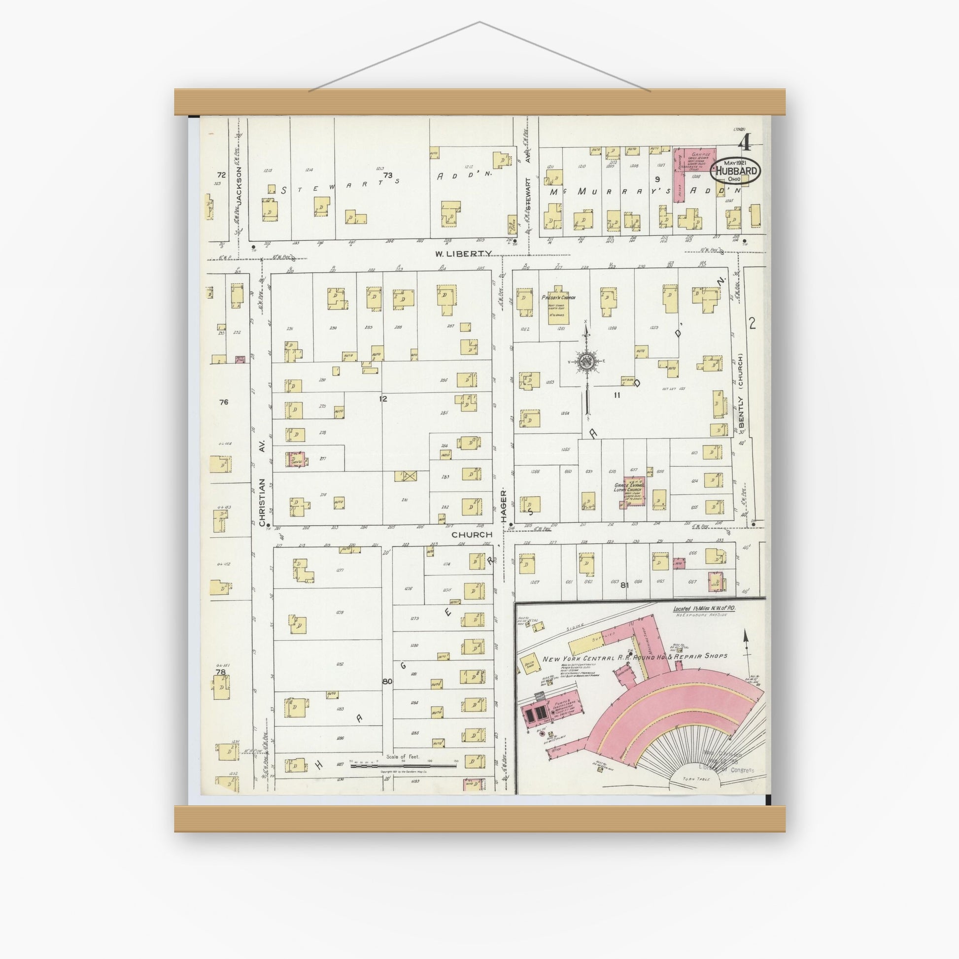 Old map wall art mockup — magnetic wood frame on white wall — Sanborn Fire Insurance Map from Hubbard, Trumbull County, Ohio (1921), Sheet #0004