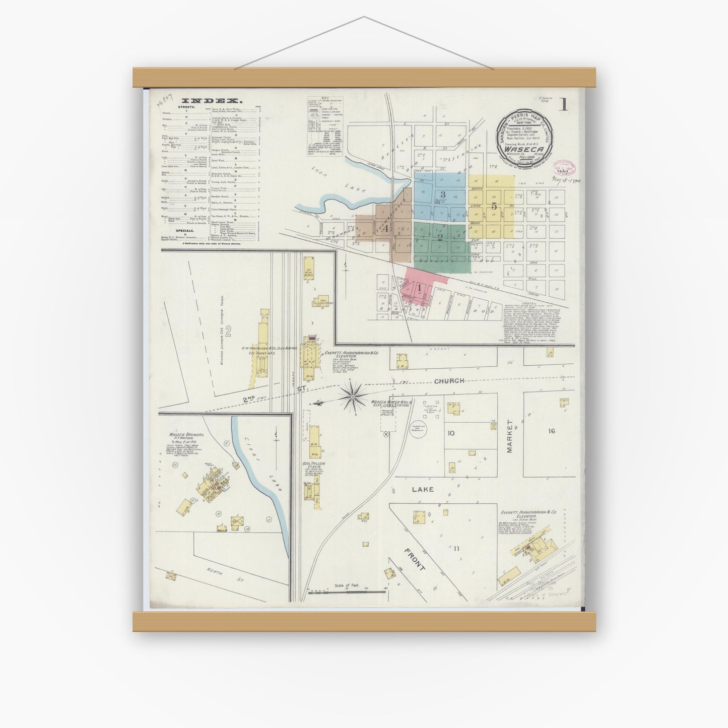 Old map wall art mockup — magnetic wood frame on white wall — Sanborn Fire Insurance Map from Waseca, Waseca County, Minnesota (1894), Sheet #0001