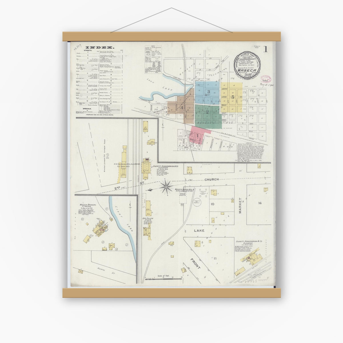 Old map wall art mockup — magnetic wood frame on white wall — Sanborn Fire Insurance Map from Waseca, Waseca County, Minnesota (1894), Sheet #0001