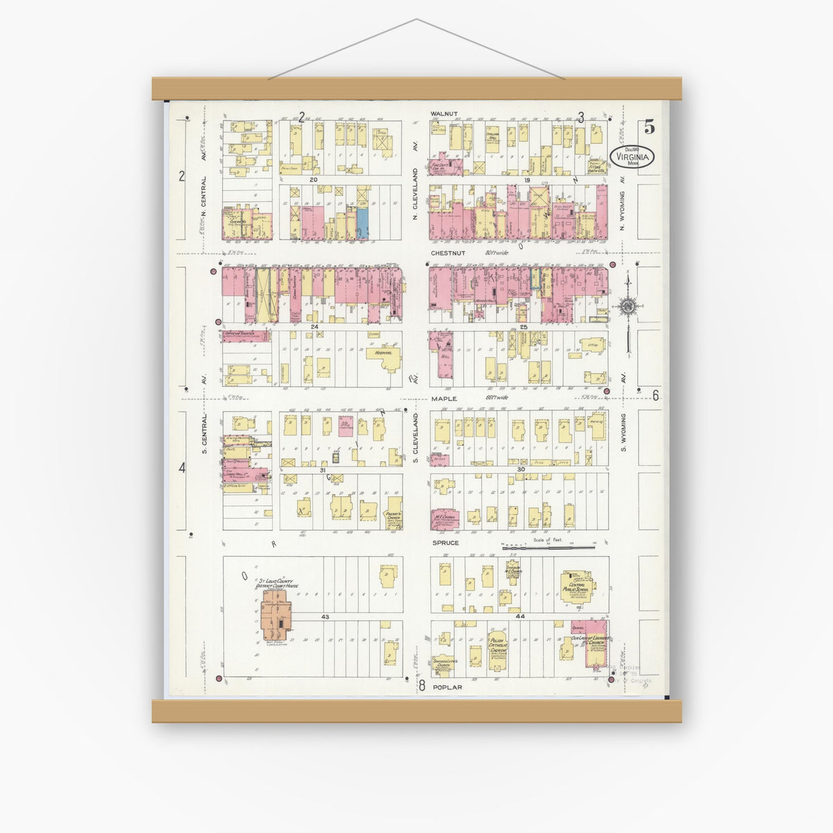 Old map wall art mockup — magnetic wood frame on white wall — Sanborn Fire Insurance Map from Virginia, Saint Louis County, Minnesota (1910), Sheet #0005
