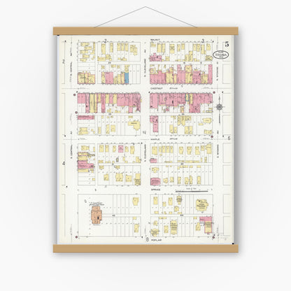 Old map wall art mockup — magnetic wood frame on white wall — Sanborn Fire Insurance Map from Virginia, Saint Louis County, Minnesota (1910), Sheet #0005
