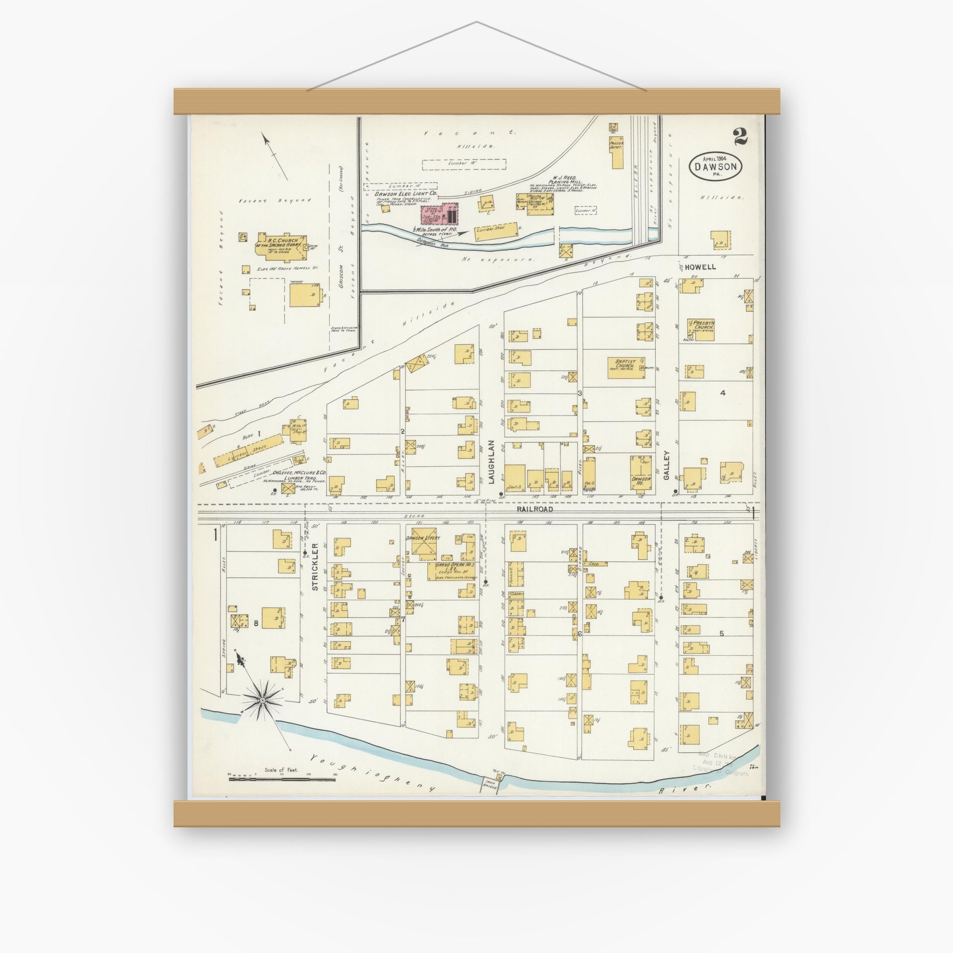 Old map wall art mockup — magnetic wood frame on white wall — Sanborn Fire Insurance Map from Dawson, Fayette County, Pennsylvania (1904), Sheet #0002