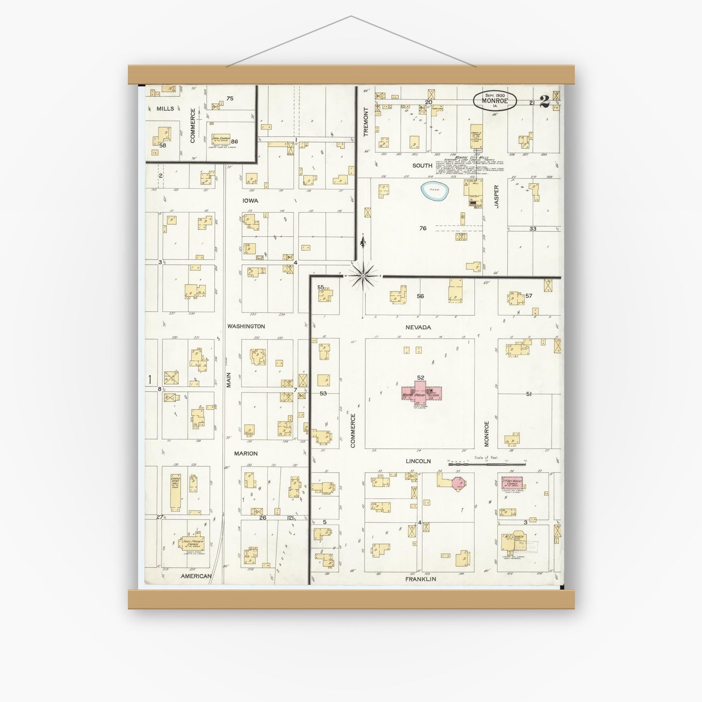Old map wall art mockup — magnetic wood frame on white wall — Sanborn Fire Insurance Map from Monroe, Jasper County, Iowa (1900), Sheet #0002