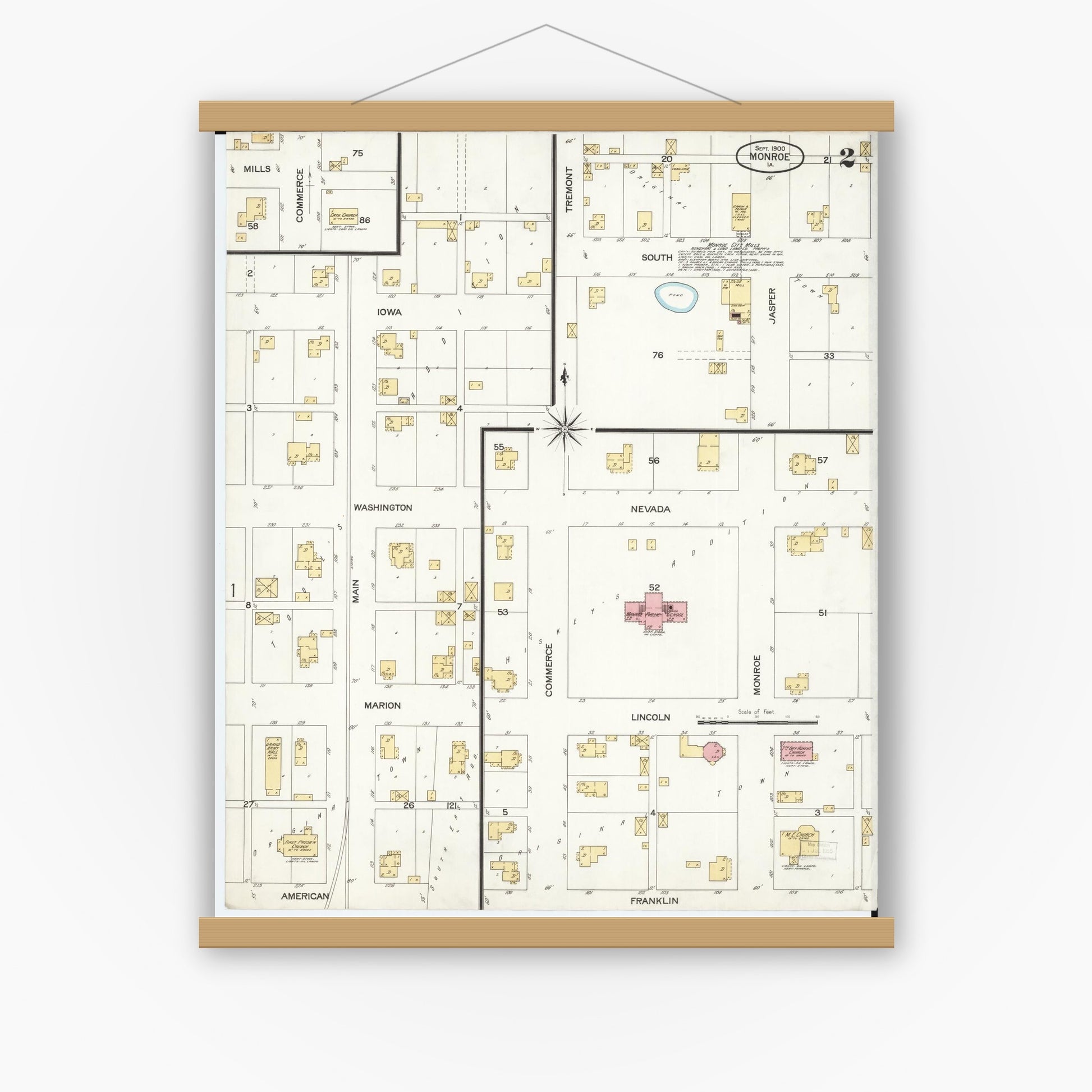 Old map wall art mockup — magnetic wood frame on white wall — Sanborn Fire Insurance Map from Monroe, Jasper County, Iowa (1900), Sheet #0002