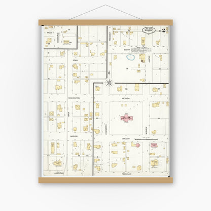 Old map wall art mockup — magnetic wood frame on white wall — Sanborn Fire Insurance Map from Monroe, Jasper County, Iowa (1900), Sheet #0002
