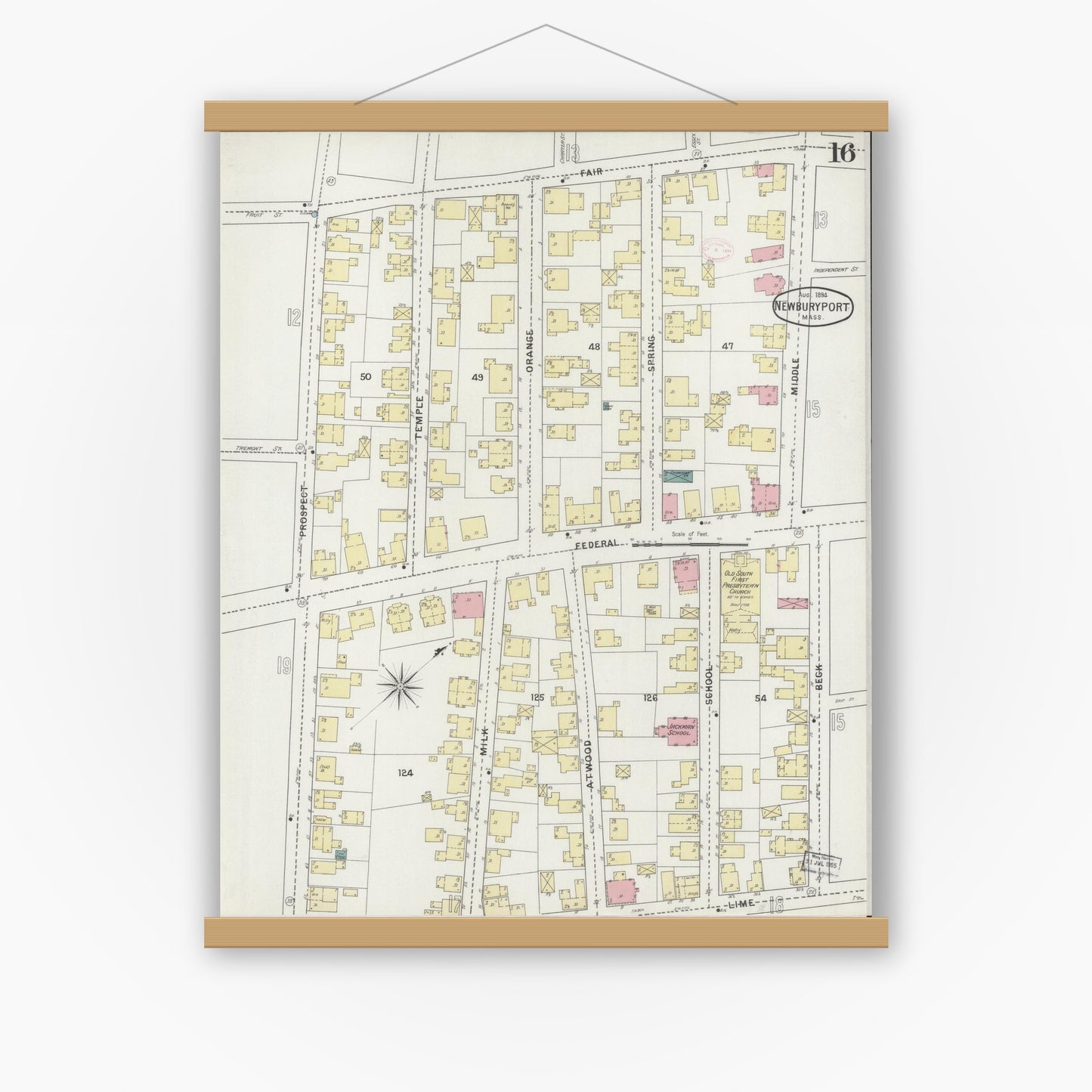 Old map wall art mockup — magnetic wood frame on white wall — Sanborn Fire Insurance Map from Newburyport, Essex County, Massachusetts (1894), Sheet #0016