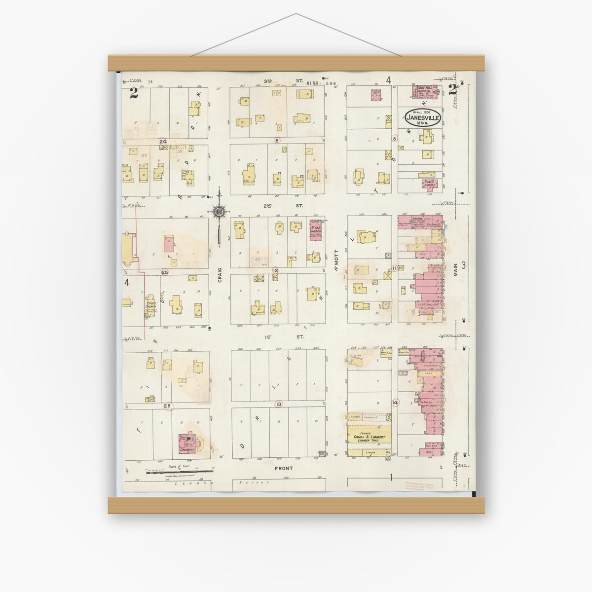 Old map wall art mockup — magnetic wood frame on white wall — Sanborn Fire Insurance Map from Janesville, Waseca County, Minnesota (1937), Sheet #0002