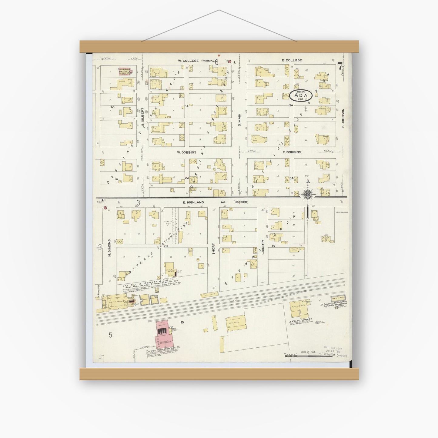 Old map wall art mockup — magnetic wood frame on white wall — Sanborn Fire Insurance Map from Ada, Hardin County, Ohio (1910), Sheet #0007