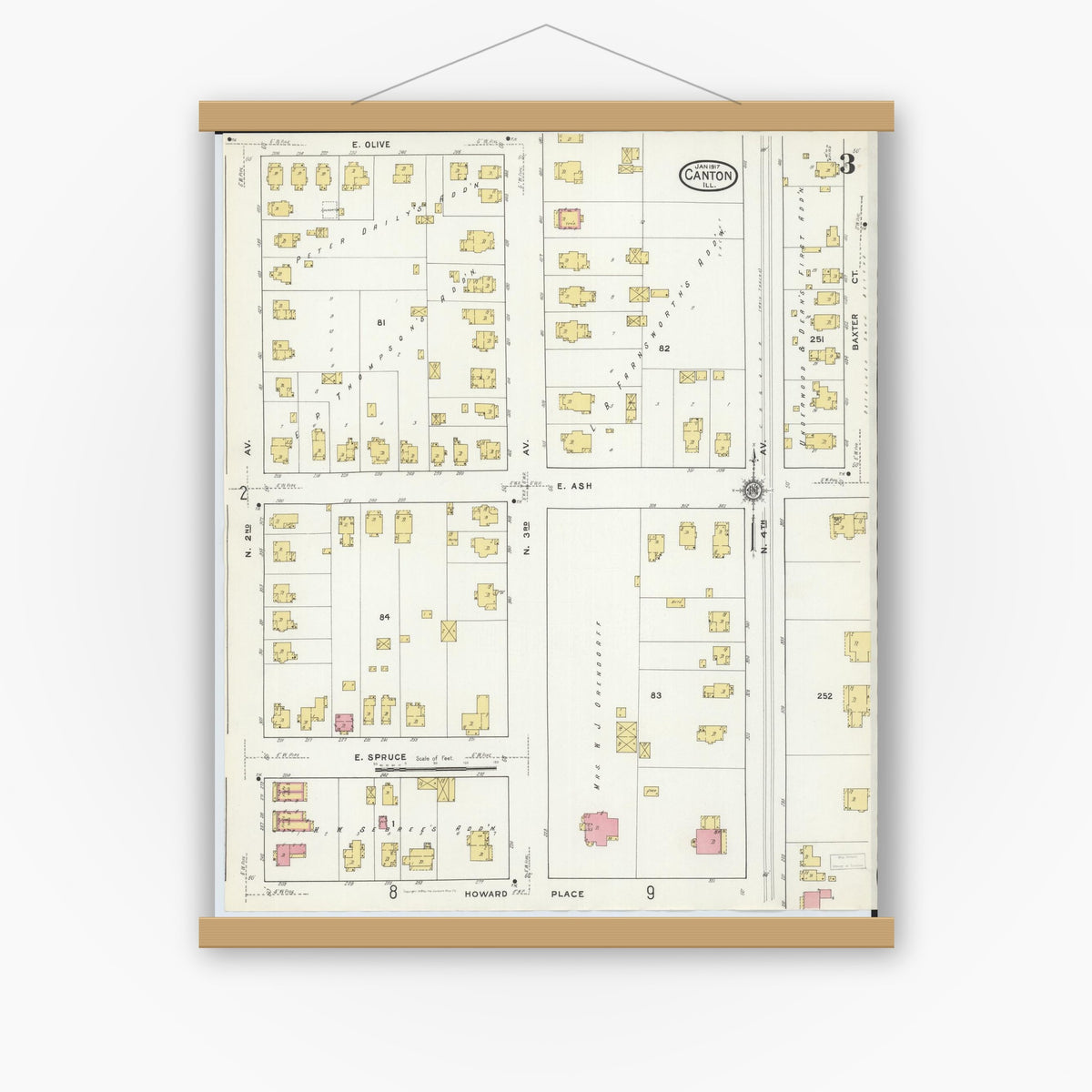 Old map wall art mockup — magnetic wood frame on white wall — Sanborn Fire Insurance Map from Canton, Fulton County, Illinois (1917), Sheet #0003