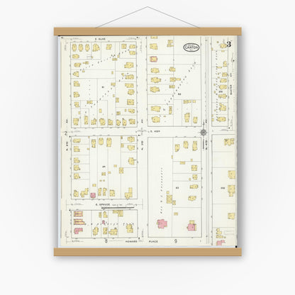 Old map wall art mockup — magnetic wood frame on white wall — Sanborn Fire Insurance Map from Canton, Fulton County, Illinois (1917), Sheet #0003